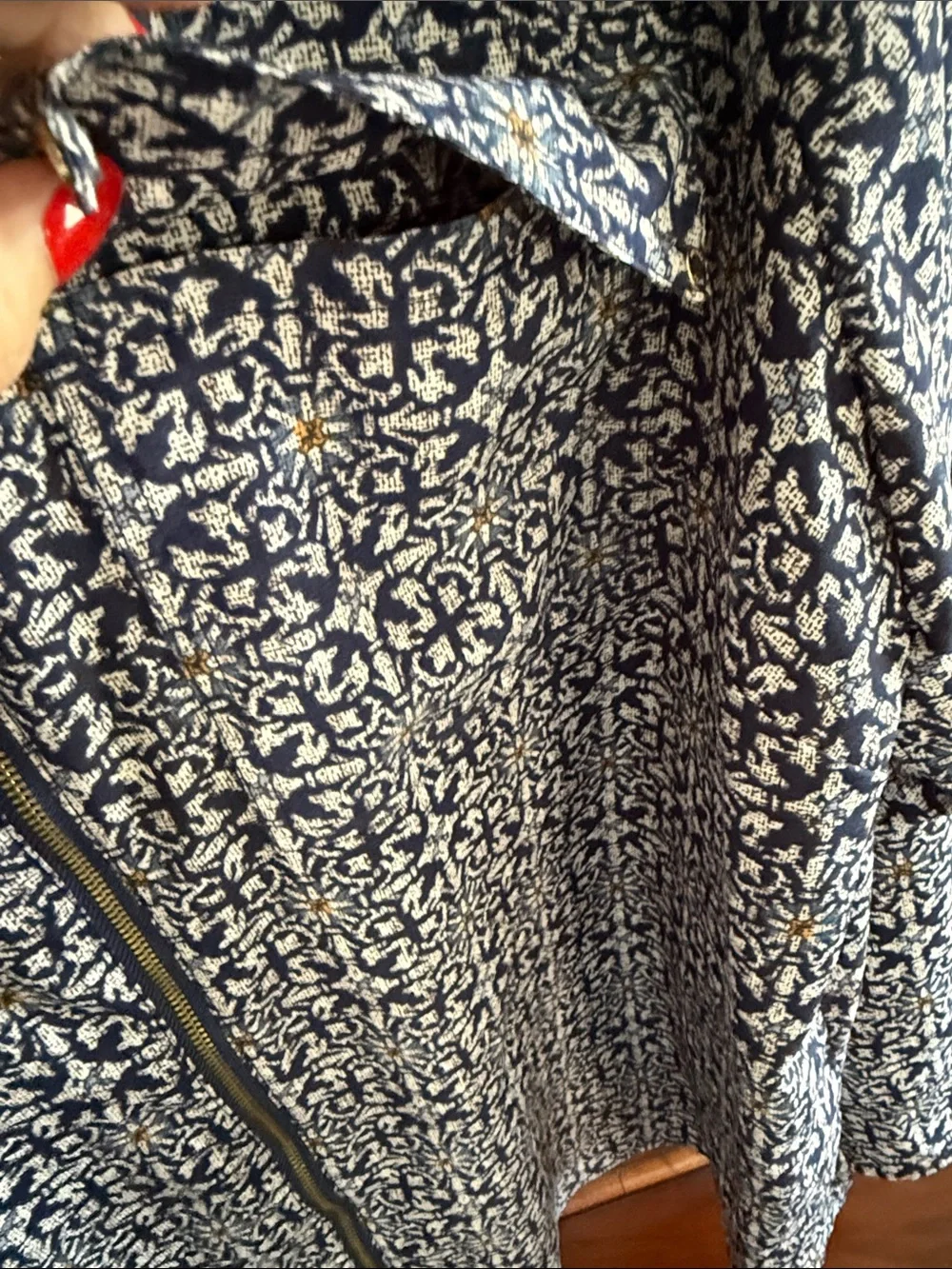 Michael Kors Navy and White Printed Zip-Front Blouse